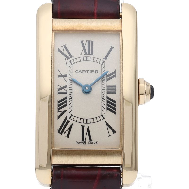 Cartier Tank American SM Watch 18k Yellow Gold Leather Silver Polished