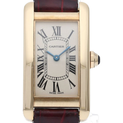 Cartier Tank American SM Watch 18k Yellow Gold Leather Silver Polished