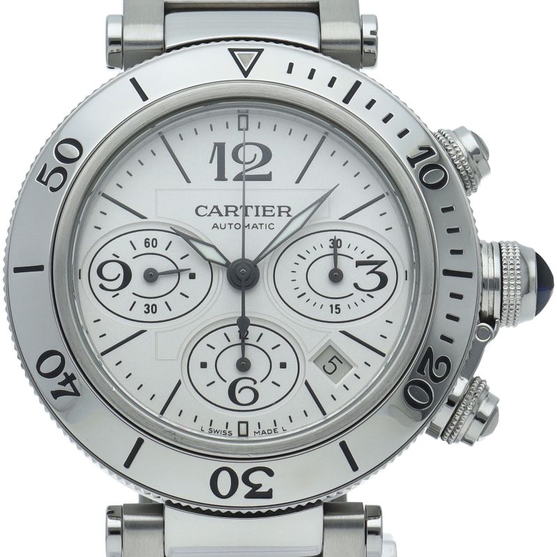 Cartier Pasha Timer Chronograph Watch SS White Polished