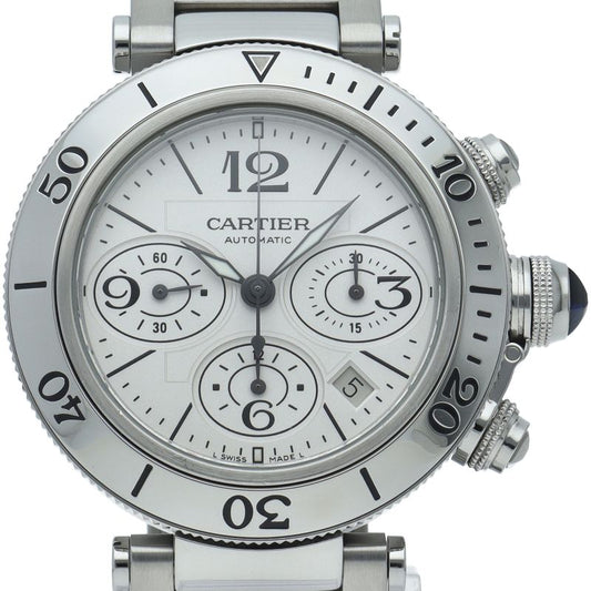 Cartier Pasha Timer Chronograph Watch SS White Polished