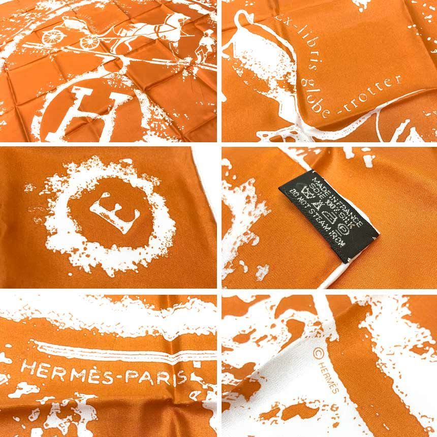 Hermes Scarf Carre 70 Ex Libris Globe Trotter Silk Orange New Vintage — view 3