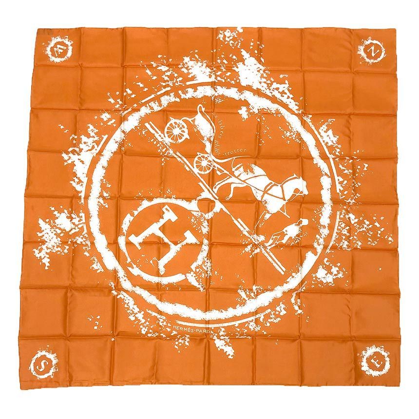 Hermes Scarf Carre 70 Ex Libris Globe Trotter Silk Orange New Vintage