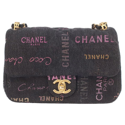 Chanel Black Print Denim Gold Mini Quilted 21 Chain Shoulder