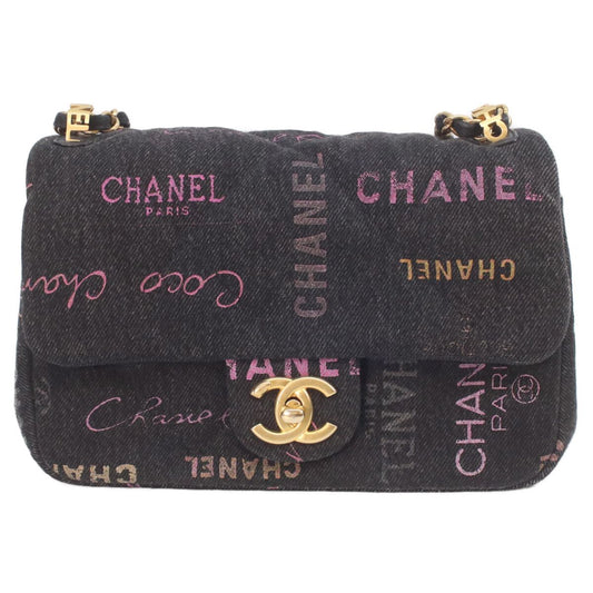 Chanel Black Print Denim Gold Mini Quilted 21 Chain Shoulder