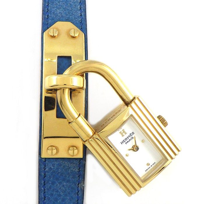 Hermes Watch Kelly 1996 Cadena Rock Motif White Dial Blue Cowhide
