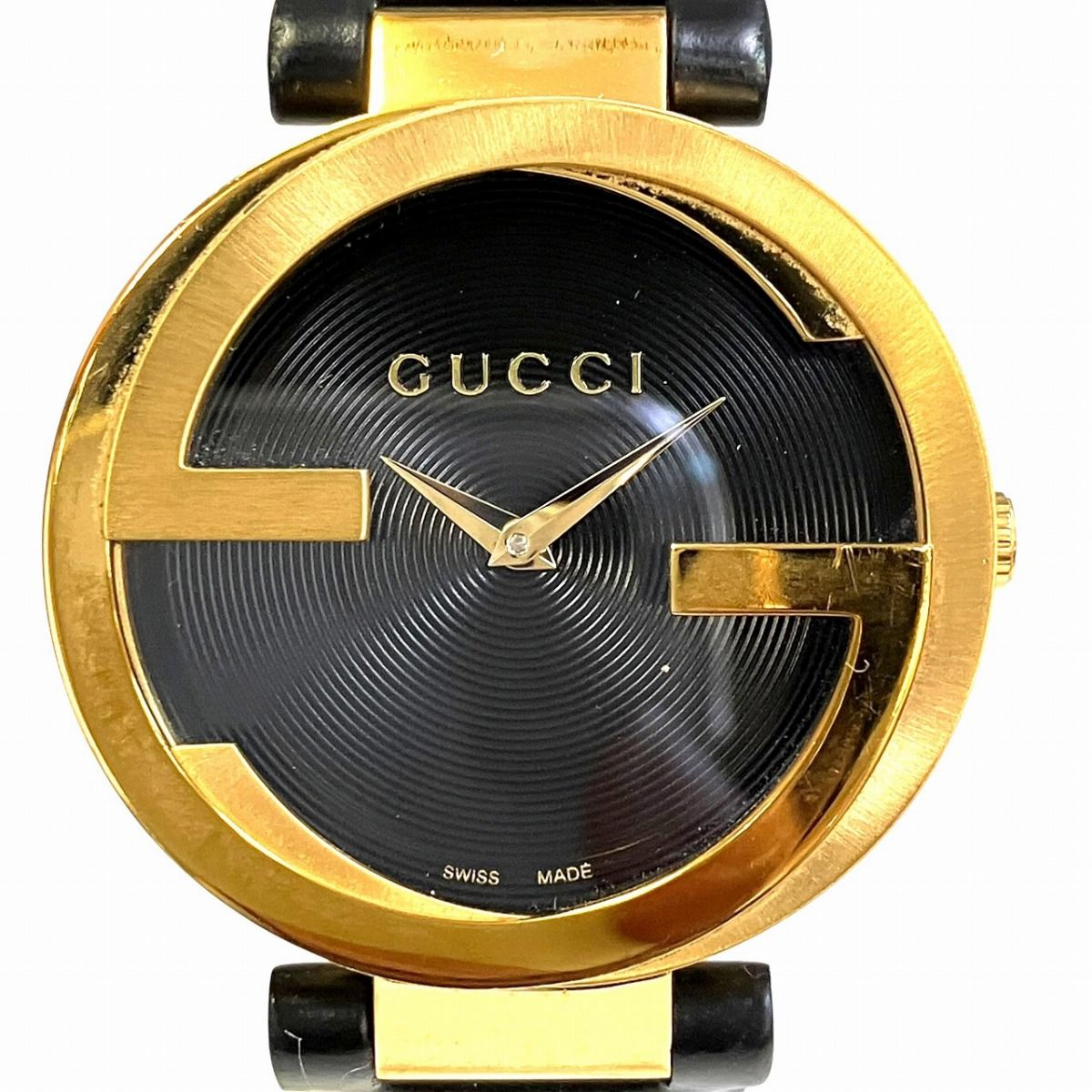 Gucci Interlocking Watch SS Leather Quartz Black Dial 133.3
