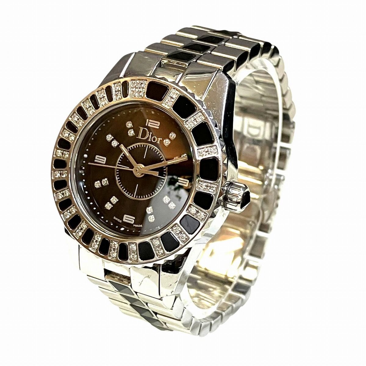 Dior Crystal Diamond Bezel Watch SS Quartz Black Dial — view 2