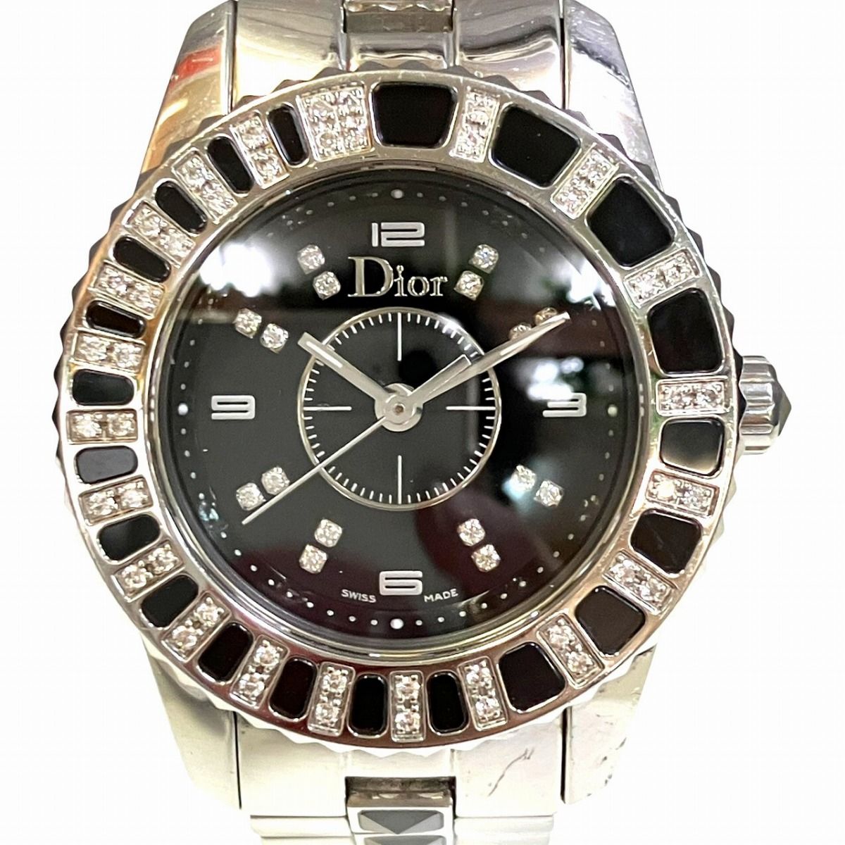Dior Crystal Diamond Bezel Watch SS Quartz Black Dial