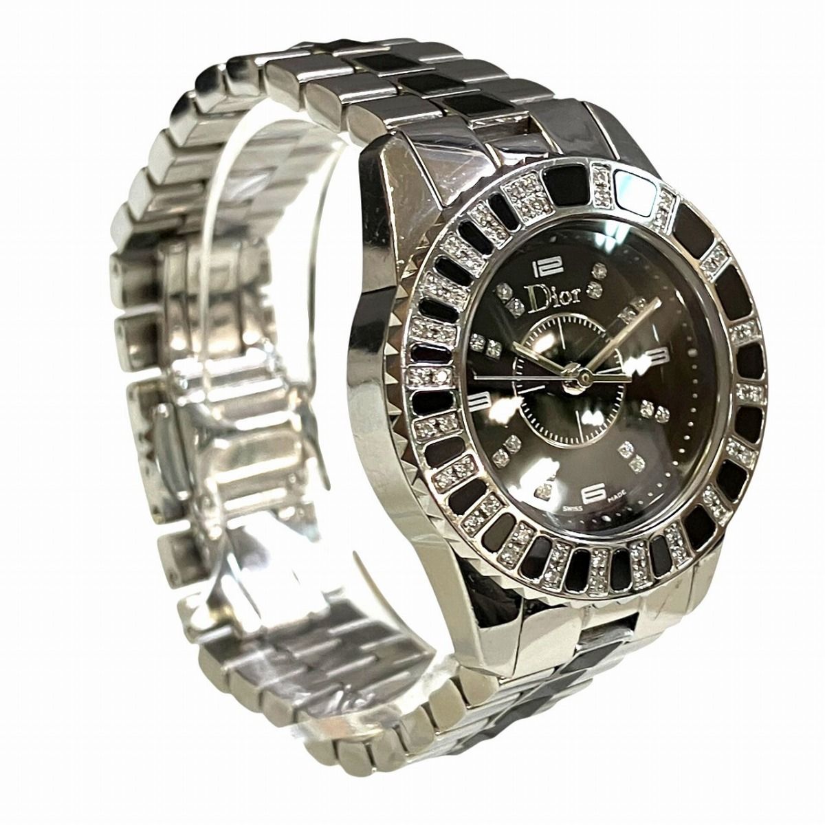 Dior Crystal Diamond Bezel Watch SS Quartz Black Dial — view 3