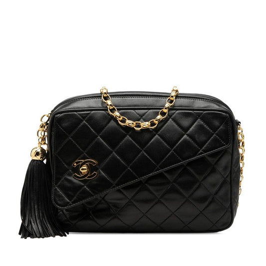 Chanel CC Logo Quilted Crossbody Fringe Chain Shoulder Bag Black Leather