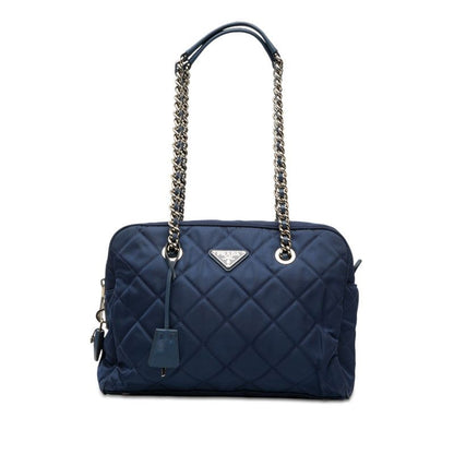 Prada Quilted Chain Shoulder Bag Blue Nylon