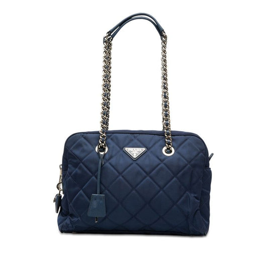 Prada Quilted Chain Shoulder Bag Blue Nylon