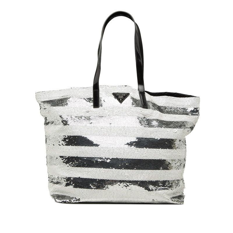 Prada Logo Tote Shoulder Bag White Silver Sequins Enamel