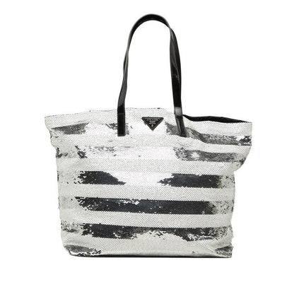 Prada Logo Tote Shoulder Bag White Silver Sequins Enamel