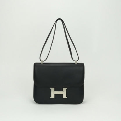 Hermes Constance 25 Shoulder Bag Chamonix Noir Black Silver Box Calf Barenia