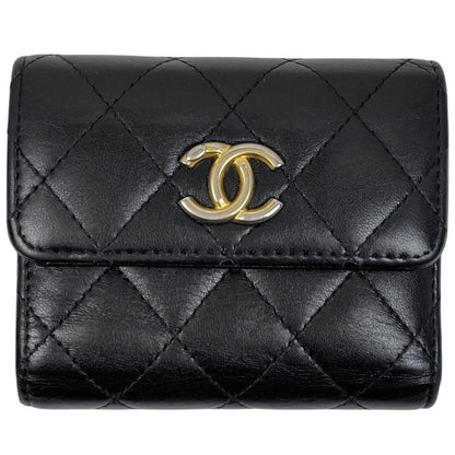 Chanel CC Logo Trifold Wallet Quilted Leather Black