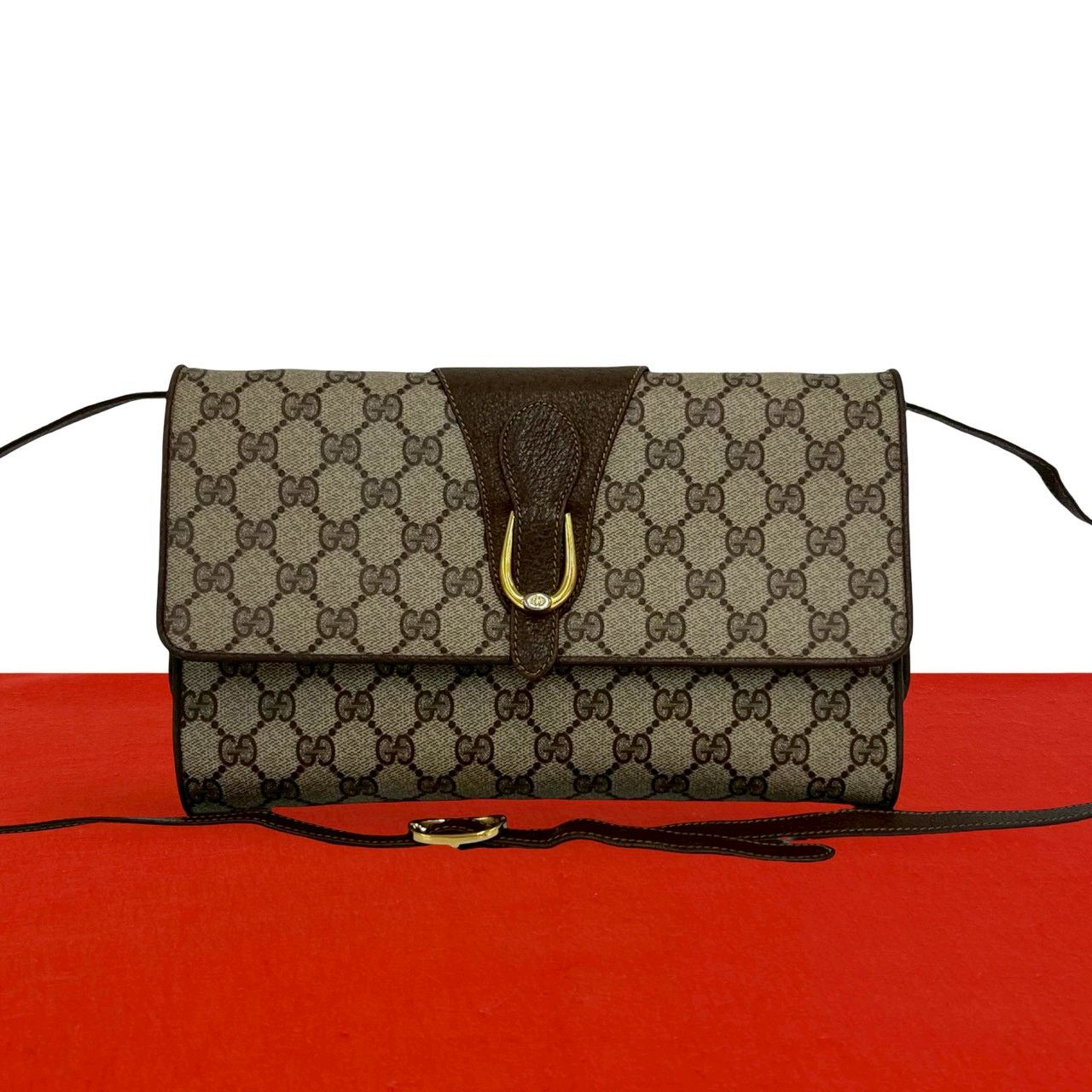 Gucci Vintage GG Logo Leather Shoulder Bag Pochette Crossbody Brown