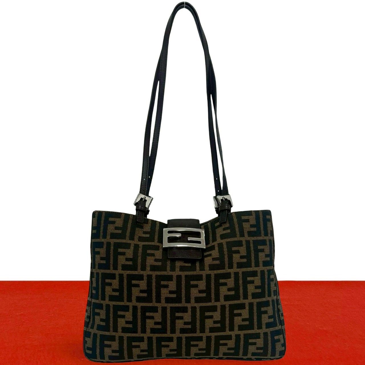 Fendi Zucca FF Pattern Logo Canvas Leather Tote Shoulder Bag Brown