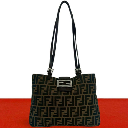 Fendi Zucca FF Pattern Logo Canvas Leather Tote Shoulder Bag Brown