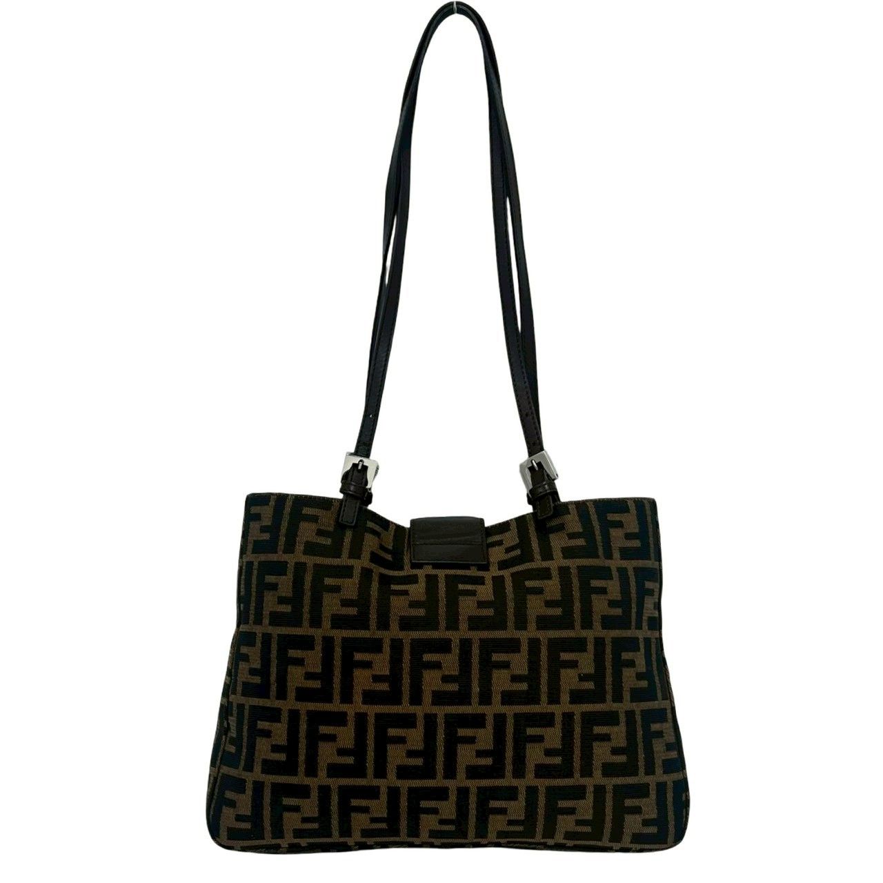 Fendi Zucca FF Pattern Logo Canvas Leather Tote Shoulder Bag Brown — view 3