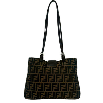 Fendi Zucca FF Pattern Logo Canvas Leather Tote Shoulder Bag Brown — view 3