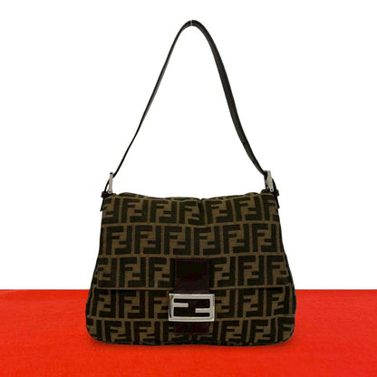 Fendi Mamma Bucket Zucca FF Pattern Canvas Leather Shoulder Bag Brown