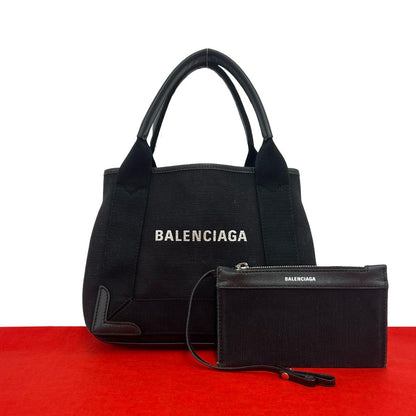 Balenciaga Navy Cabas XS Logo Canvas Leather Handbag Mini Tote Black