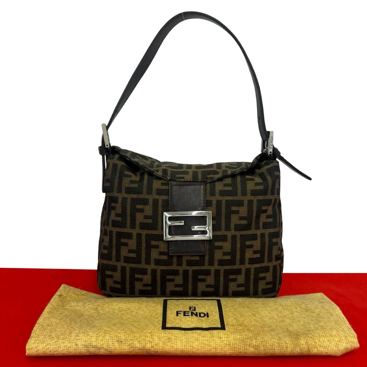 Fendi Vintage Mamma Bucket Zucca Pattern FF Logo Canvas Leather Shoulder