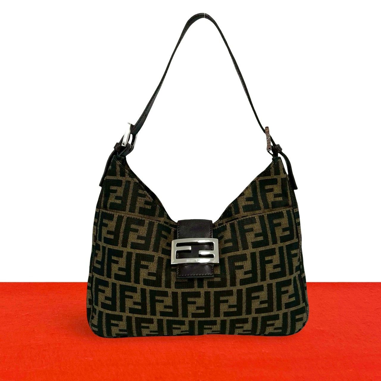 Fendi Zucca FF Pattern Logo Canvas Leather Shoulder Bag Brown Black