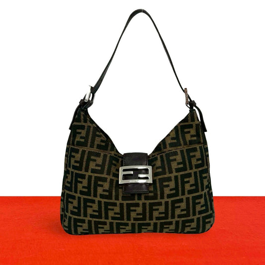Fendi Zucca FF Pattern Logo Canvas Leather Shoulder Bag Brown Black