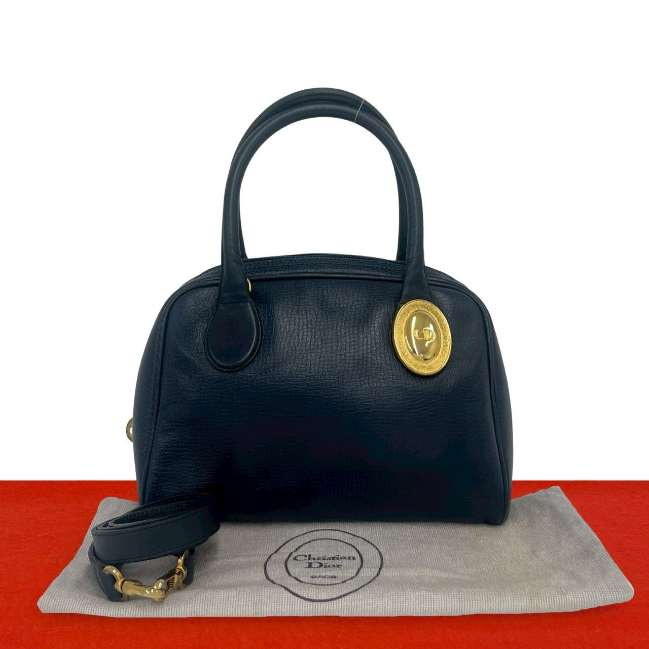 Dior Vintage CD Logo Leather 2-Way Shoulder Bag Navy