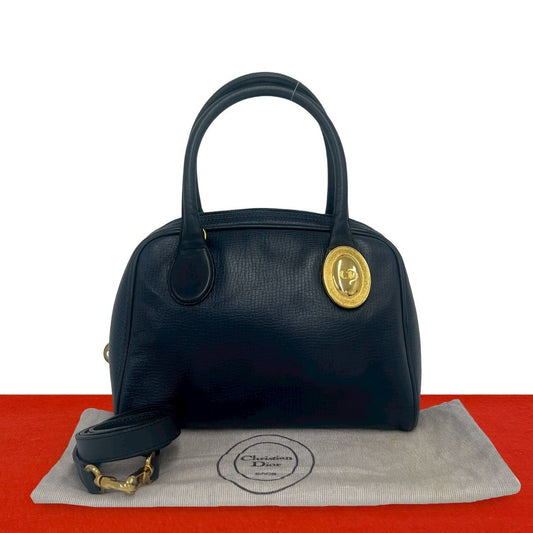 Dior Vintage CD Logo Leather 2-Way Shoulder Bag Navy