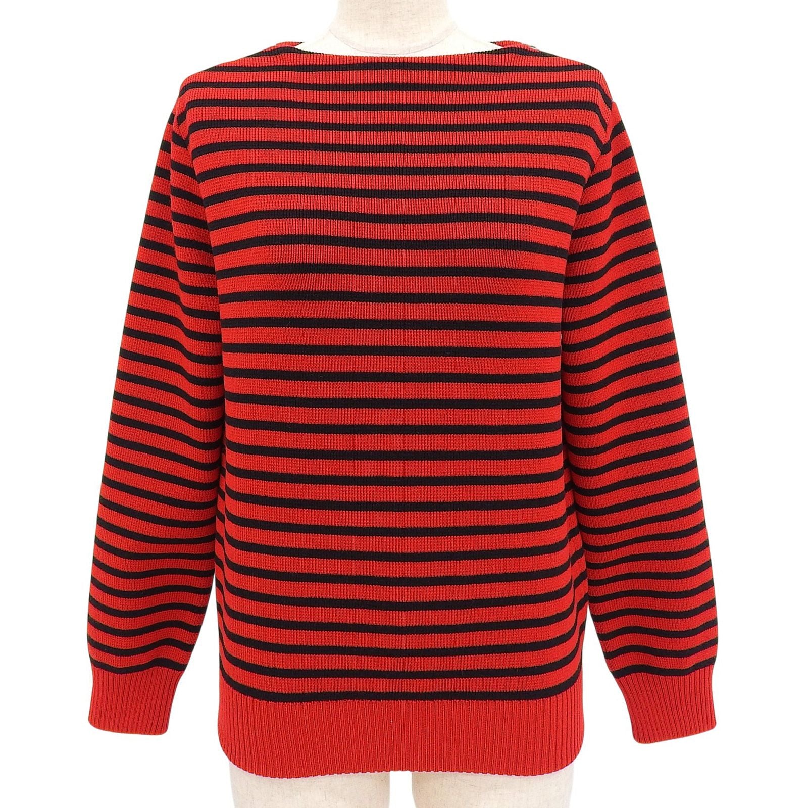 Celine Shoulder Zip Border Pattern Boat Neck Wool Knit Red Black XS Sweater