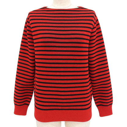 Celine Shoulder Zip Border Pattern Boat Neck Wool Knit Red Black XS Sweater