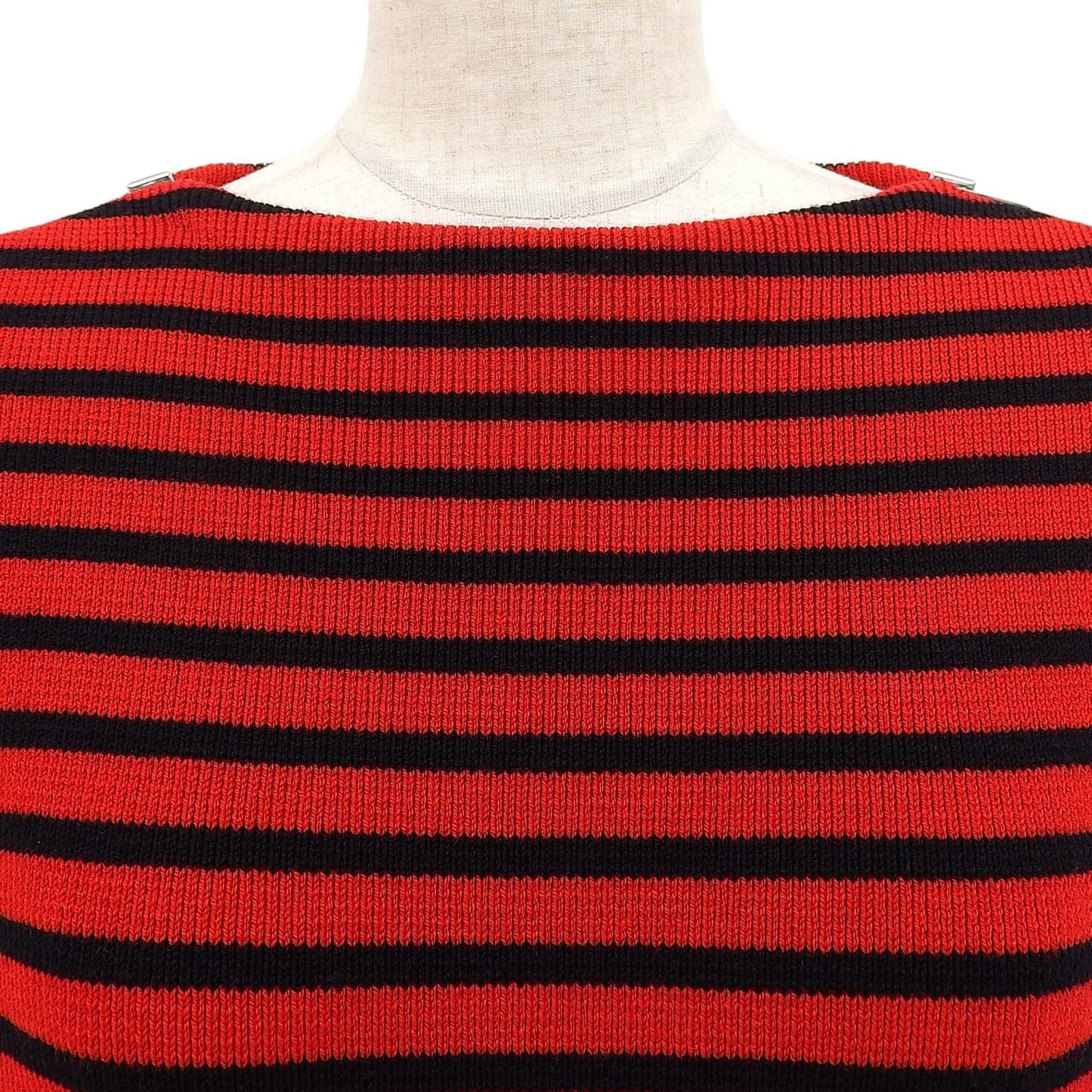 Celine Shoulder Zip Border Pattern Boat Neck Wool Knit Red Black XS Sweater — view 3