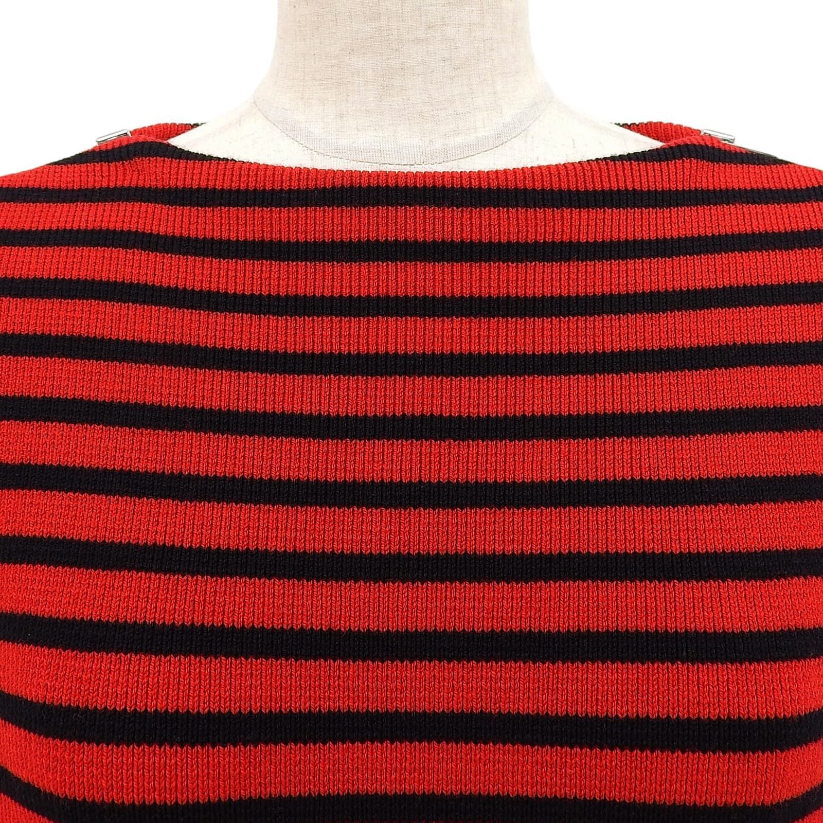 Celine Shoulder Zip Border Pattern Boat Neck Wool Knit Red Black XS Sweater — view 3