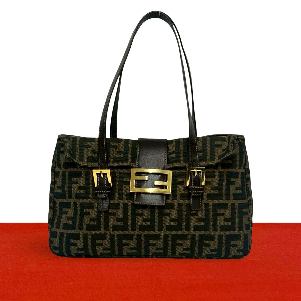 Fendi Vintage Zucca FF Logo Pattern Canvas Leather Tote Brown