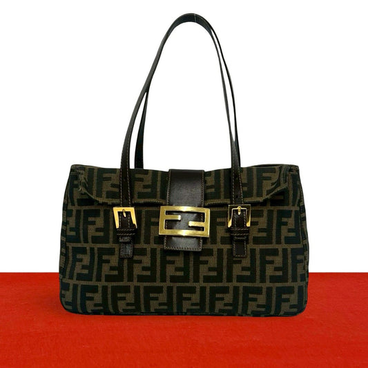 Fendi Vintage Zucca FF Logo Pattern Canvas Leather Tote Brown