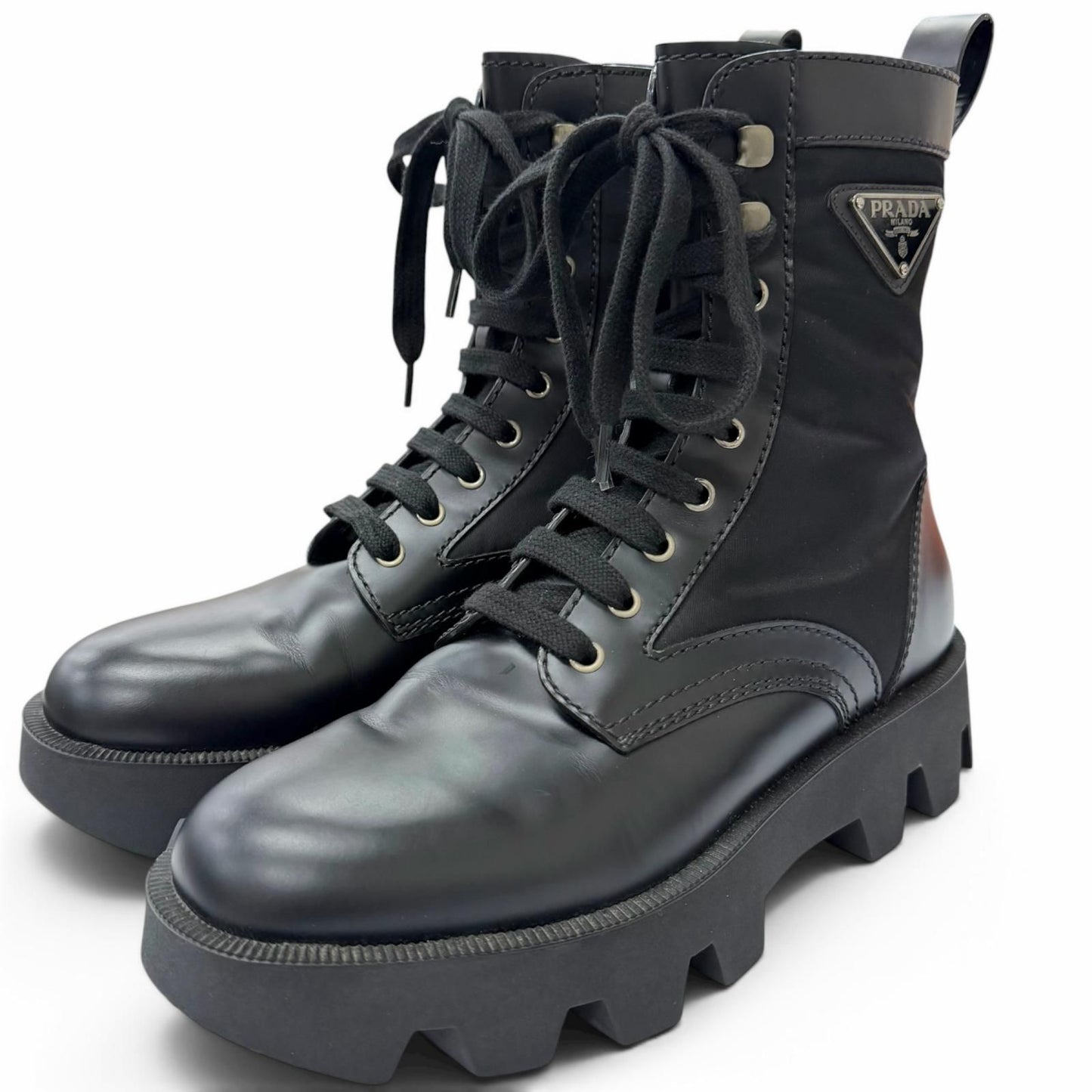 Prada Leather Nylon Triangle Logo Plate Combat Boots Ankle Black 6