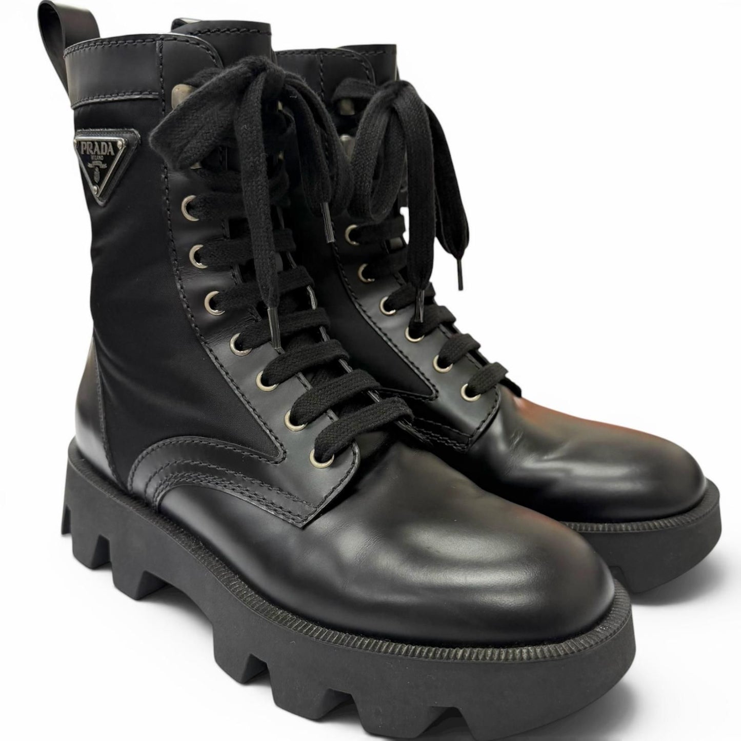 Prada Leather Nylon Triangle Logo Plate Combat Boots Ankle Black 6 — view 2