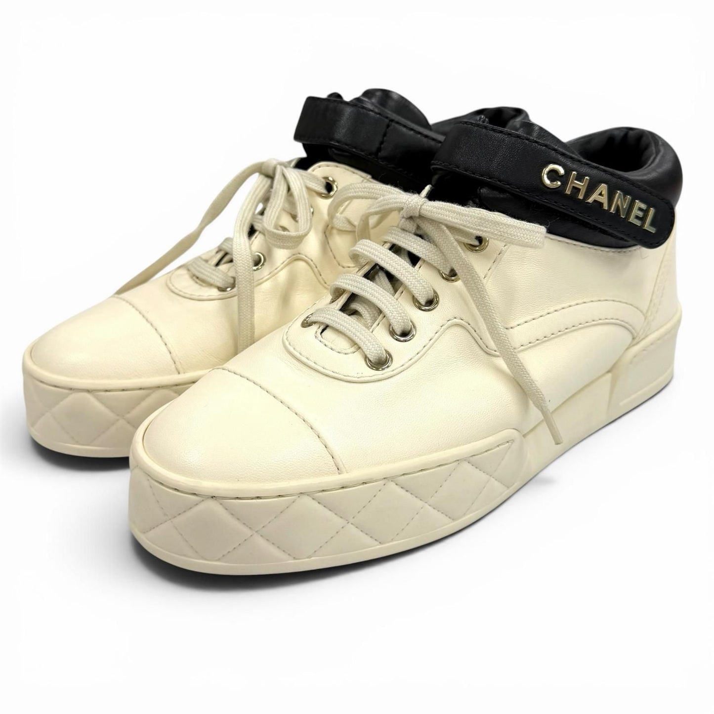 Chanel Logo with CC Lace Up Leather Sneakers Ivory Black