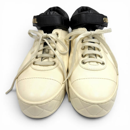 Chanel Logo with CC Lace Up Leather Sneakers Ivory Black — view 3