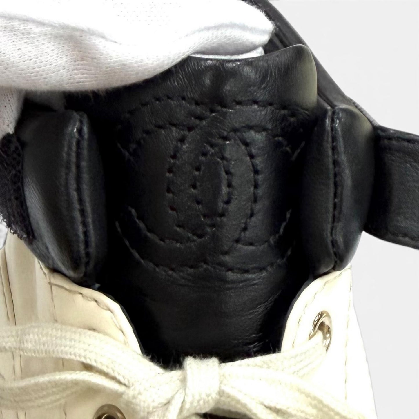 Chanel Logo with CC Lace Up Leather Sneakers Ivory Black — view 9