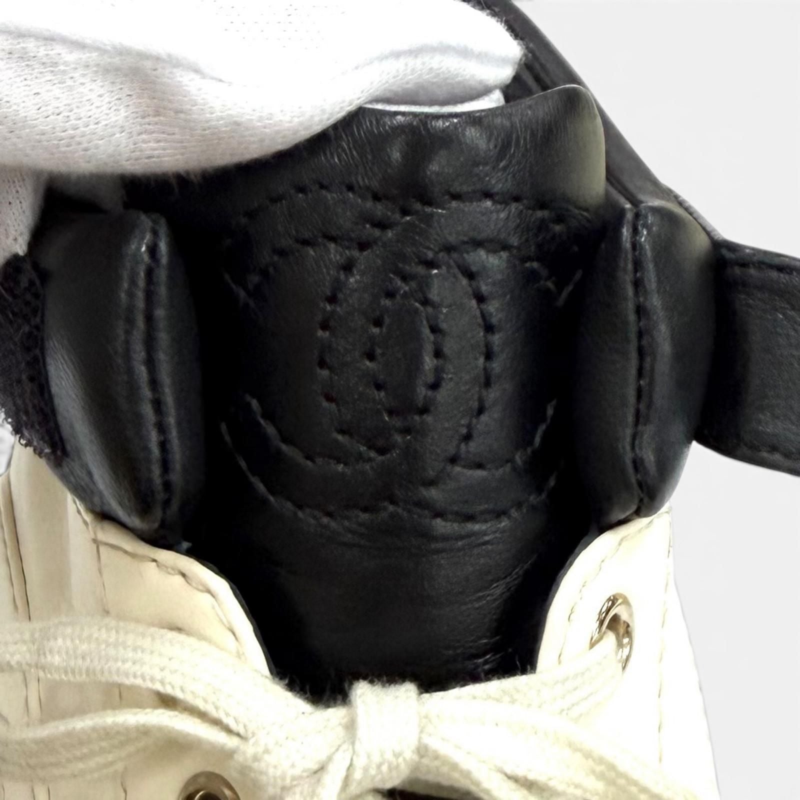 Chanel Logo with CC Lace Up Leather Sneakers Ivory Black — view 9
