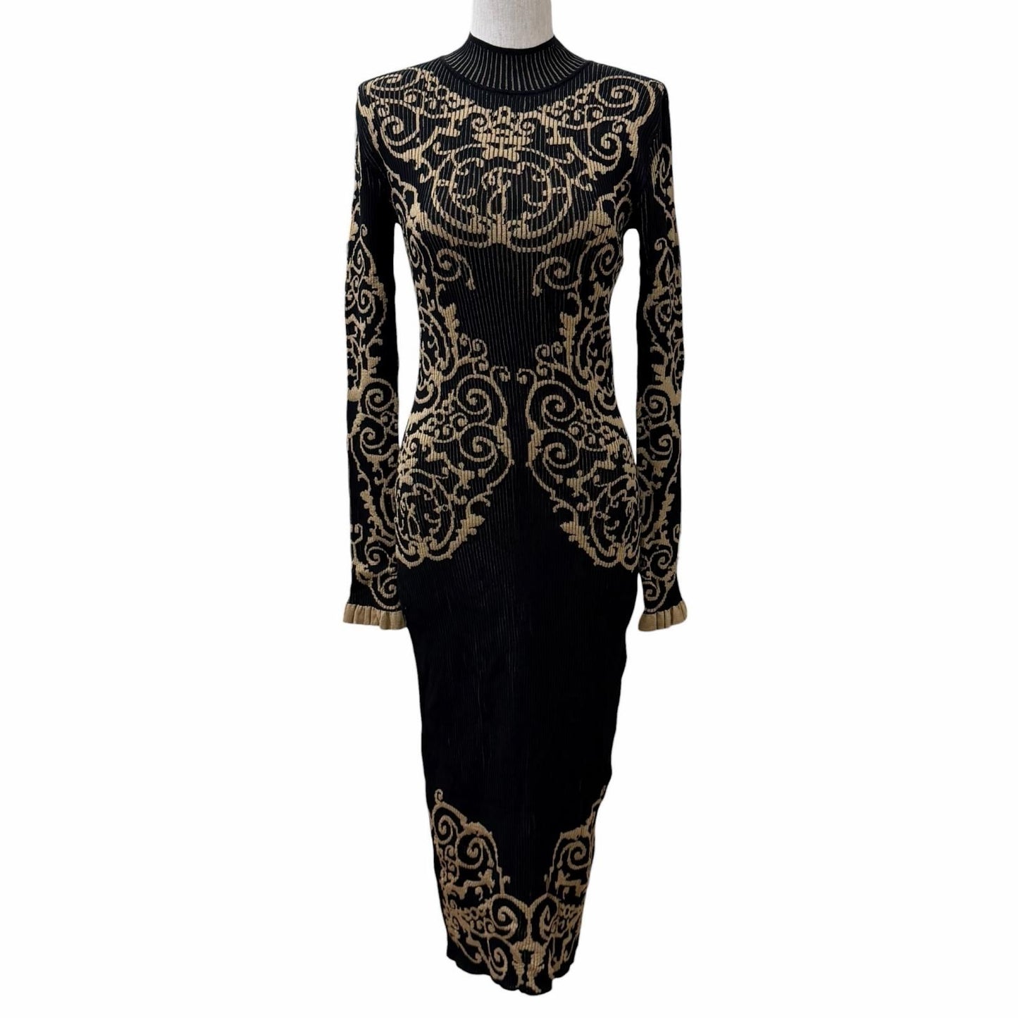 Fendi Baroque Pattern Ruffles Cuffs High Neck Long Length Knit Dress Black