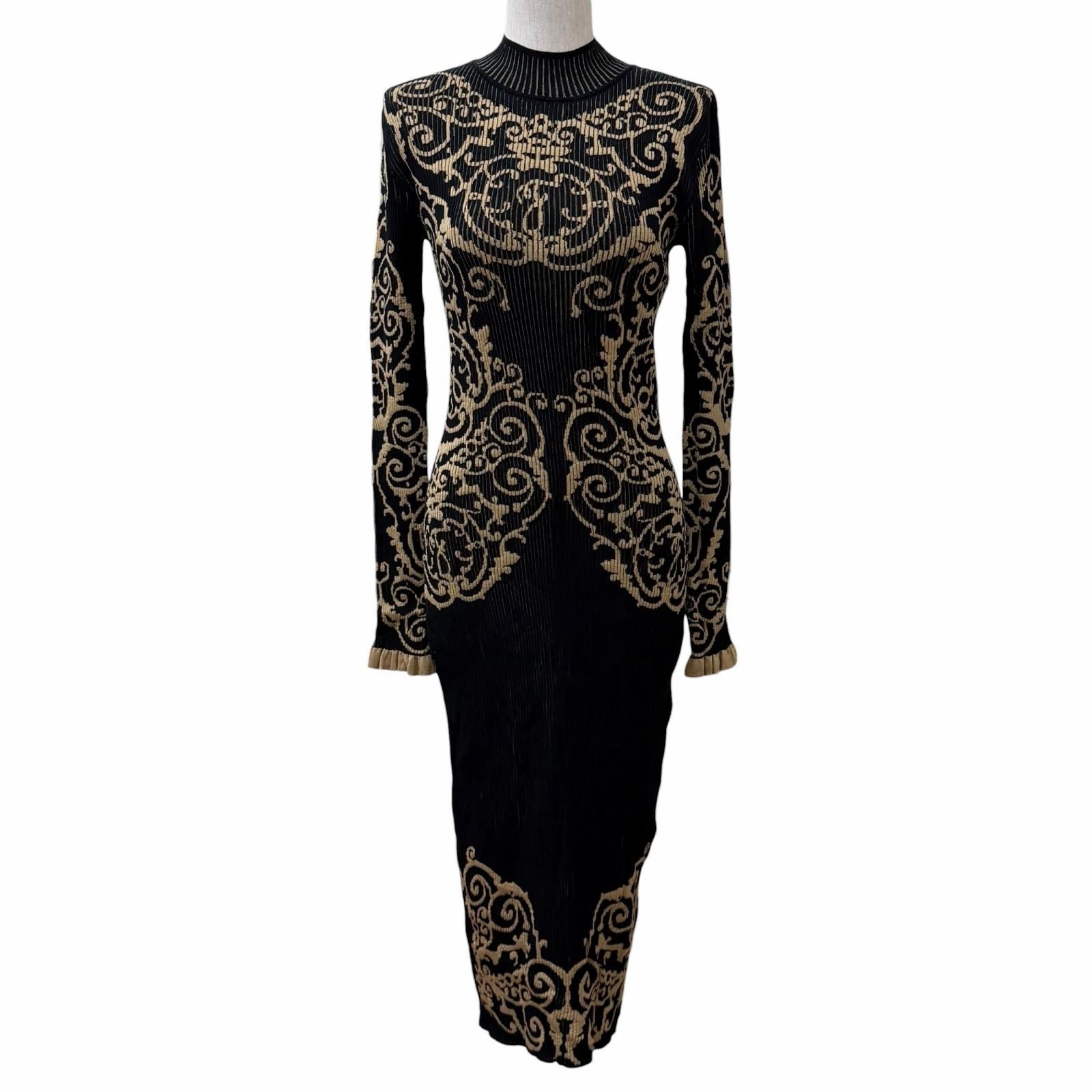 Fendi Baroque Pattern Ruffles Cuffs High Neck Long Length Knit Dress Black