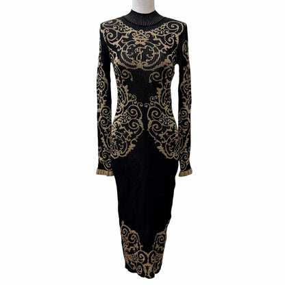 Fendi Baroque Pattern Ruffles Cuffs High Neck Long Length Knit Dress Black