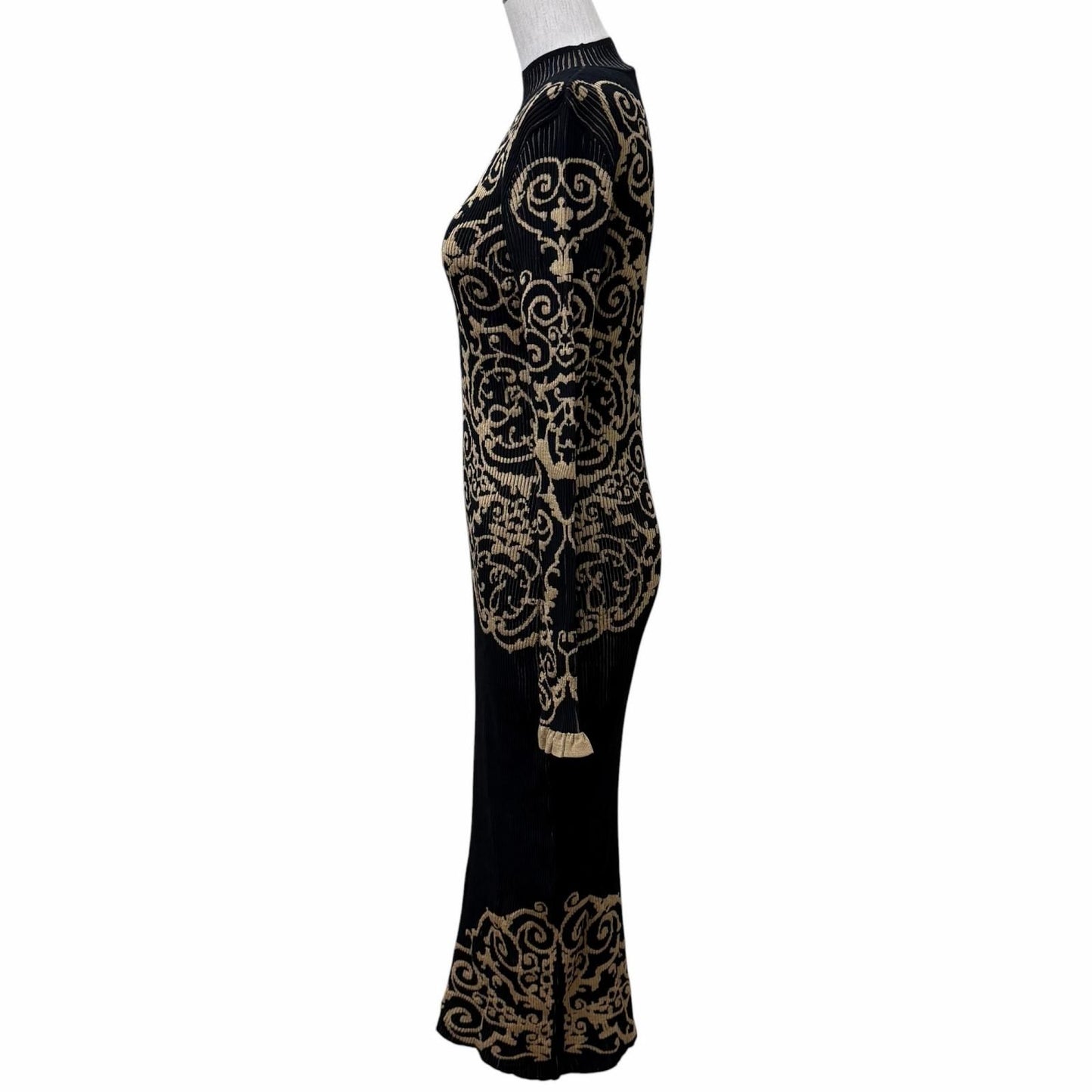Fendi Baroque Pattern Ruffles Cuffs High Neck Long Length Knit Dress Black — view 2