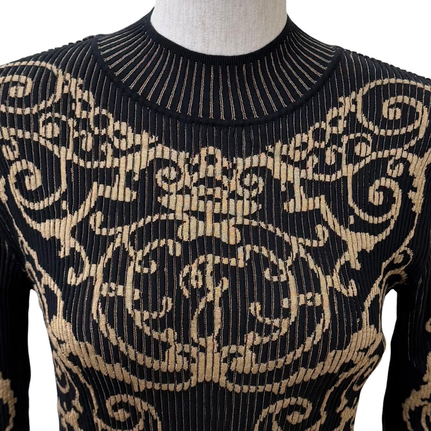Fendi Baroque Pattern Ruffles Cuffs High Neck Long Length Knit Dress Black — view 4