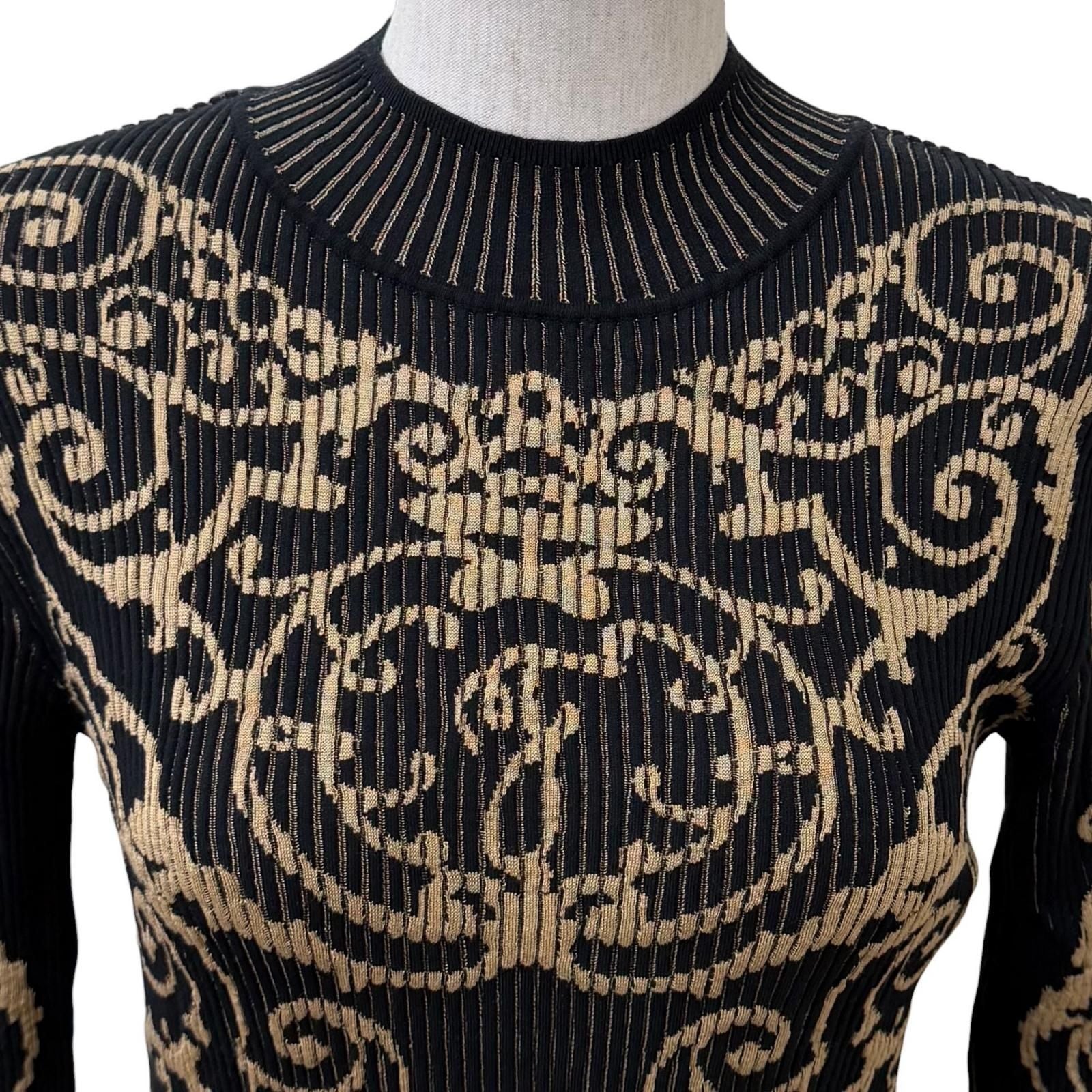 Fendi Baroque Pattern Ruffles Cuffs High Neck Long Length Knit Dress Black — view 4